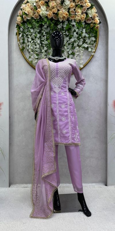 Dazzling Purple Color Tabby Organza Thread Sequence Work Kurti