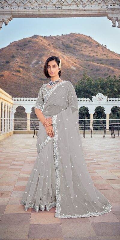 Dazzling Silver Color Bright Organza Silk Sequence Work Saree