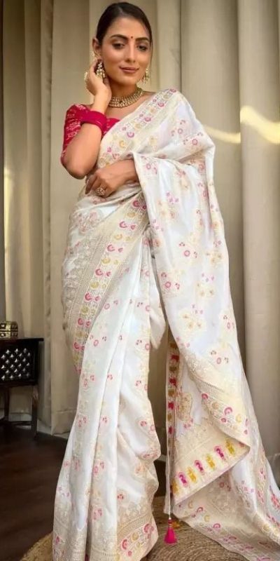 Dazzling White Soft Lichi Silk Cloth Rich Pallu All Over Saree