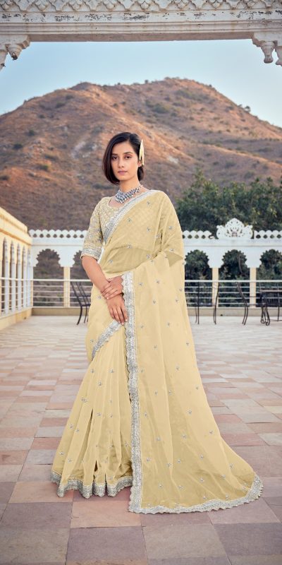 Dazzling Yellow Color Bright Organza Silk Sequence Work Saree