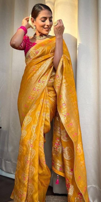 Dazzling Yellow Color Soft Lichi Silk Cloth Rich Pallu All Over Saree