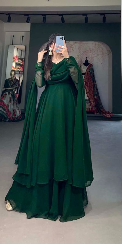 Elegant Green Color Georgette Plain Top Plain Plaza And Dupatta