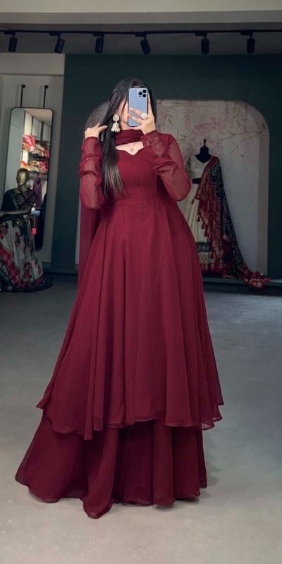 Elegant Maroon Color Georgette Plain Top Plain Plaza And Dupatta