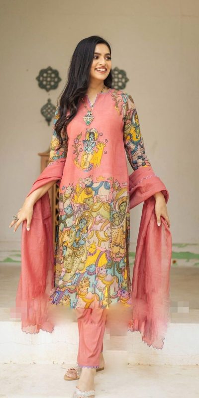 Elegant Pink Color Cotton Kalamkari Print Work Kurti