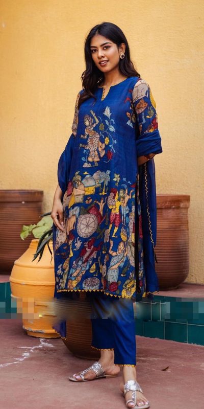 Elegant Royal Blue Color Cotton Kalamkari Print Work Kurti