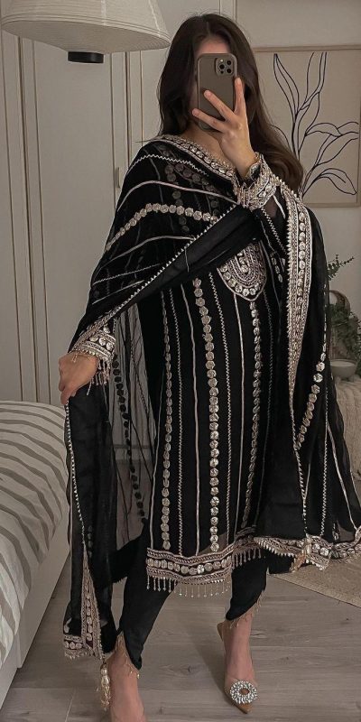 Fancy Black Color Georgette Embroidery Foil Work Salwar Suit