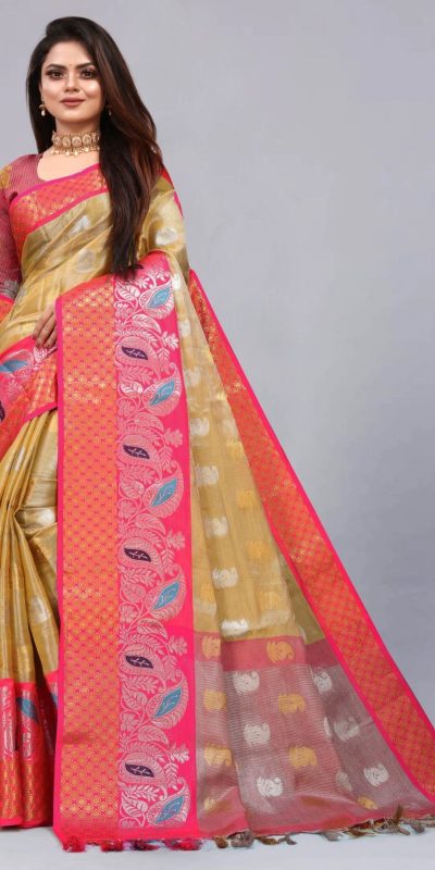 Fancy Golden Color Organic Tissue Silk Gold Zari Weaving Saree