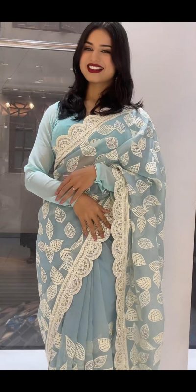 Fancy Light Blue Color Faux Georgette Thread Sequence Saree