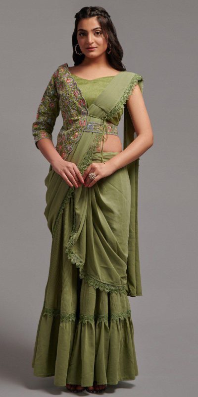 Fancy Mehndi Color Diamond Georgette Free Size Stitching Saree