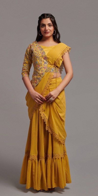 Fancy Mustard Color Diamond Georgette Free Size Stitching Saree