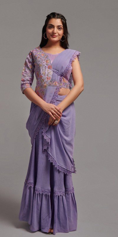 Fancy Violet Color Diamond Georgette Free Size Stitching Saree