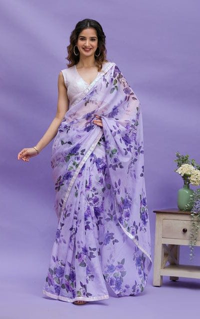 Fancy Violet Floral Digital Printed Georgette Lace Border Saree