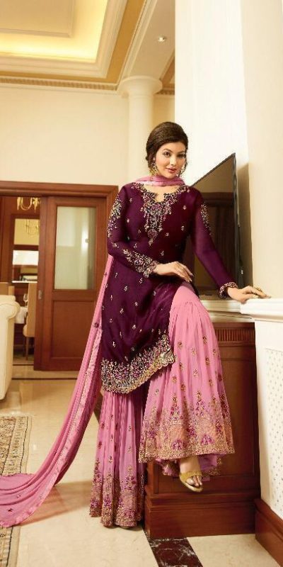 Fancy Wine Color Georgette Embroidery Stone Work Sharara Suit