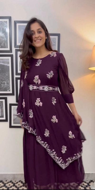Fancy Wine Color Georgette Thread With Sequence Anarkali Suit