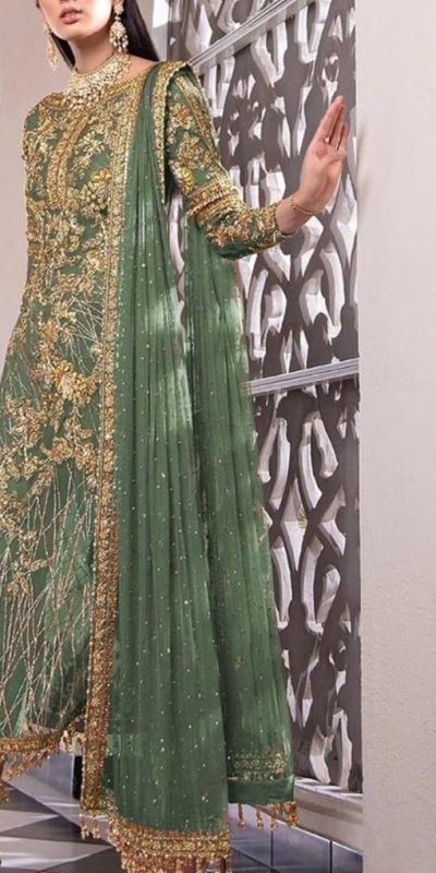 Feminine Green Color Net Embroidery Diamond Work Sharara Suit