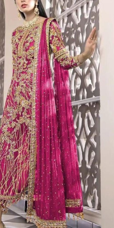 Feminine Pink Color Net Embroidery Diamond Work Sharara Suit