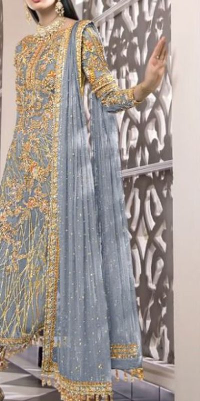 Feminine Slate Color Net Embroidery Diamond Work Sharara Suit
