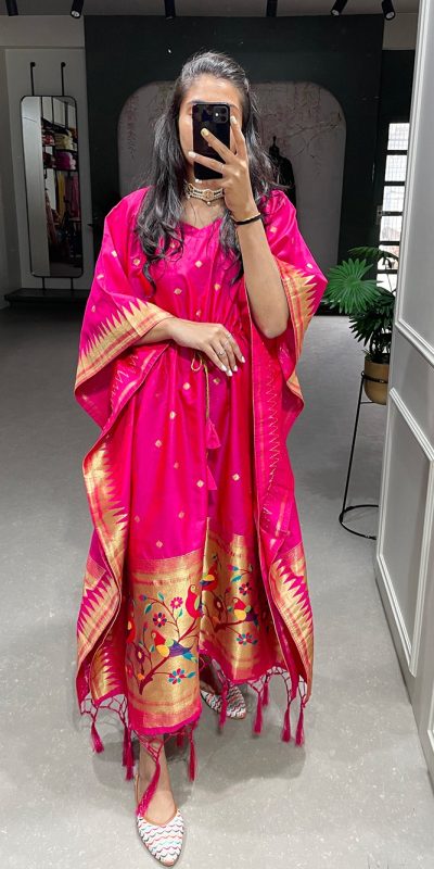 Glamorous Pink Color Jacquard Zari Kaftan Lace Border Kurti