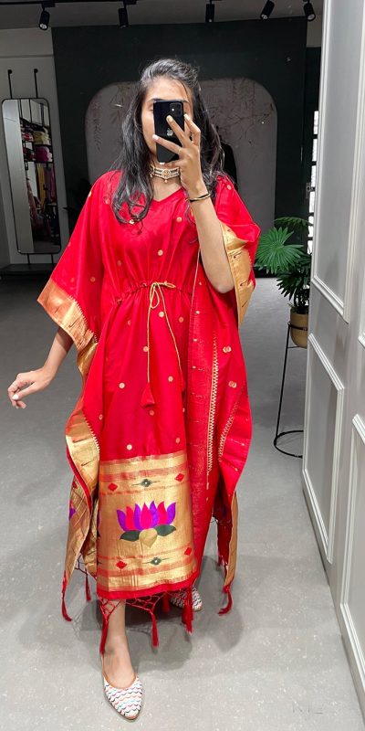 Glamorous Red Color Jacquard Zari Work Kaftan Lace Border Kurti