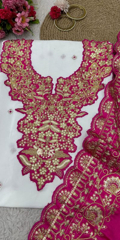 Glamorous White & Pink Color Silk Thread Sequence Salwar Suit
