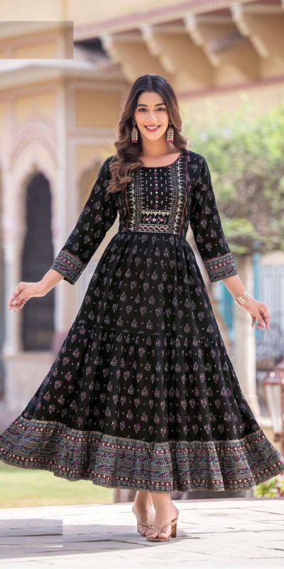 Good-Looking Black Color Heavy Rayon Printed Hand Work Gown
