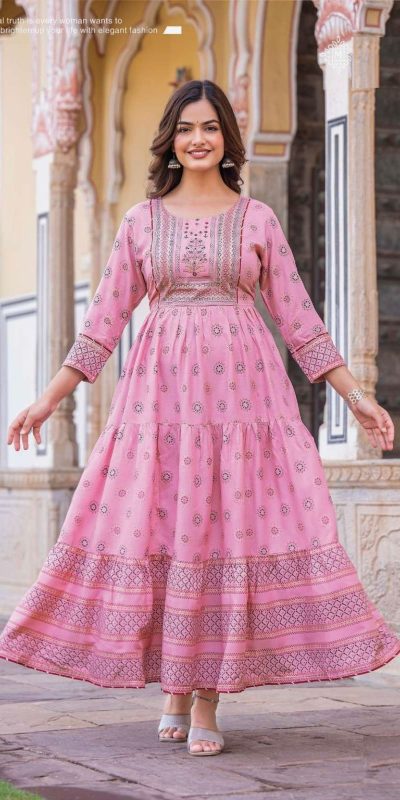 Good-Looking Light Pink Color Rayon Printed Hand Work Gown
