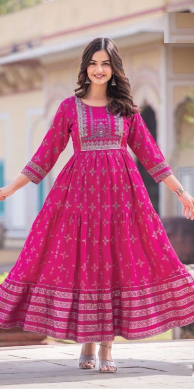 Good-Looking Pink Color Heavy Rayon Printed Hand Work Gown