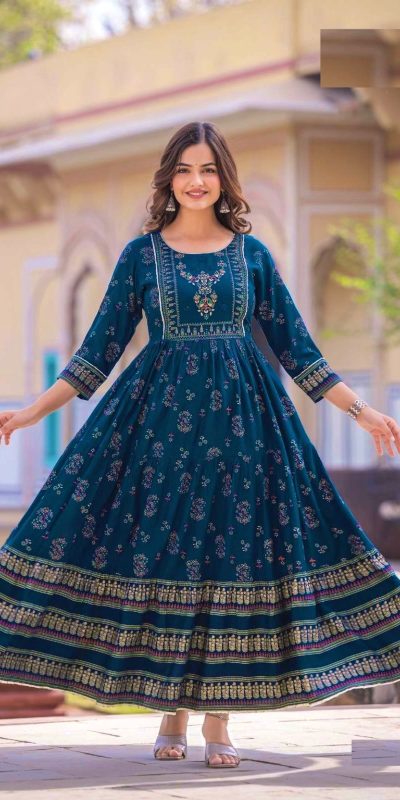 Good-Looking Royal Blue Color Rayon Printed Hand Work Gown