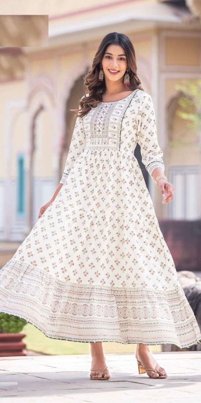Good-Looking White Color Heavy Rayon Printed Hand Work Gown