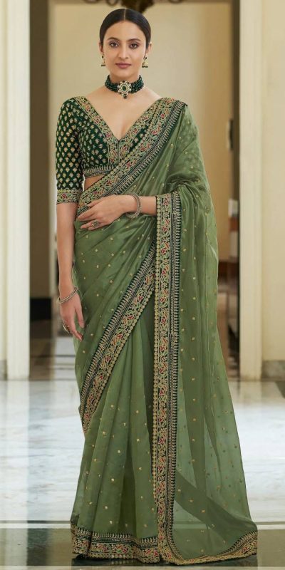 Gorgeous Green Color Organza Embroidery Lace Border Saree