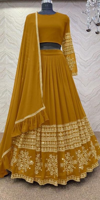 Graceful Mustard Color Georgette Embroidery Sequins Lehenga