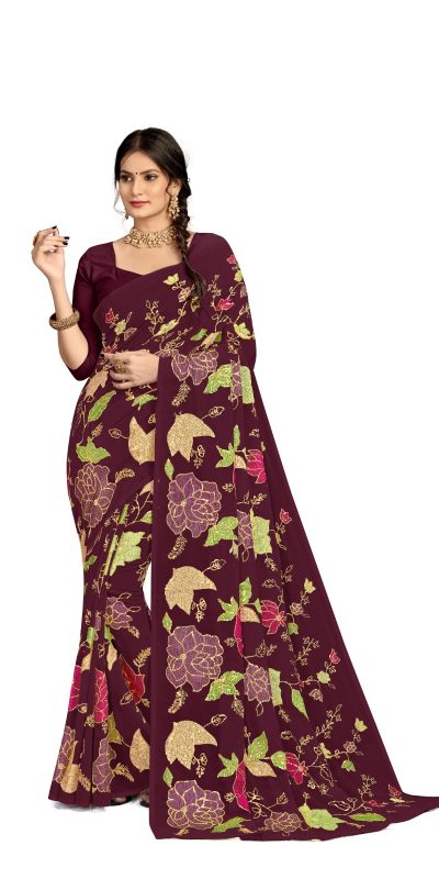 Graceful Purple Color Georgette Fancy Thread & Sequence Saree
