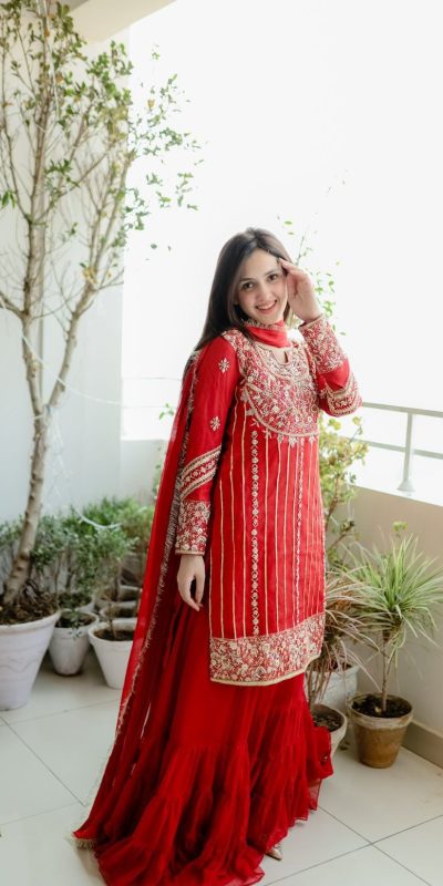Graceful Red Color Faux Georgette Thread Sequence Salwar Suit
