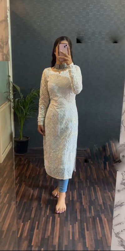 Graceful White Color Foix Georgette thread Sequence Work Kurti