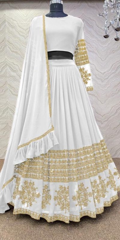 Graceful White Color Georgette Embroidery Sequins Lehenga Choli