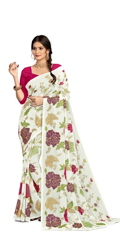 Graceful White Color Georgette Fancy Thread & Sequence Saree