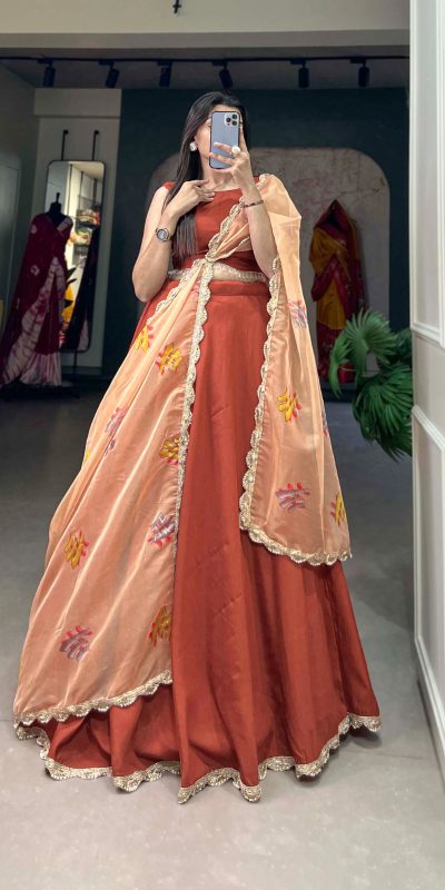 Grand Bright Orange Color Polyester Viscose Chadri Lehenga