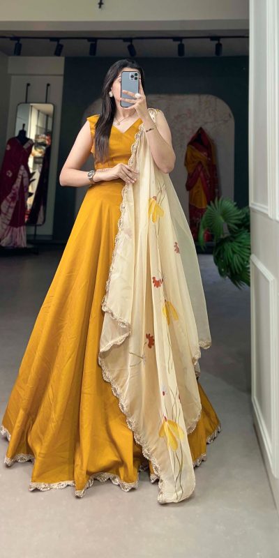 Grand Mustard Color Polyester Viscose Chadri Lehenga Choli
