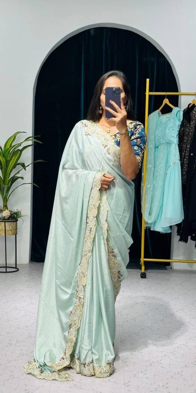 Light Pista Green Color Chinon Embroidery Cotton Thread Saree