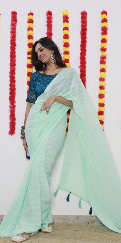 Majestic Light Green Color Soft Chiffon Woven Satin Strips Saree