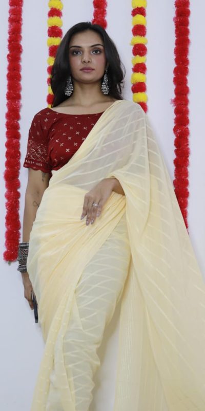 Majestic Light Yellow Color Soft Chiffon Woven Satin Strips Saree