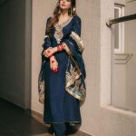 Majestic Navy Blue Color Chinnon Silk Embroidery Salwar Suit