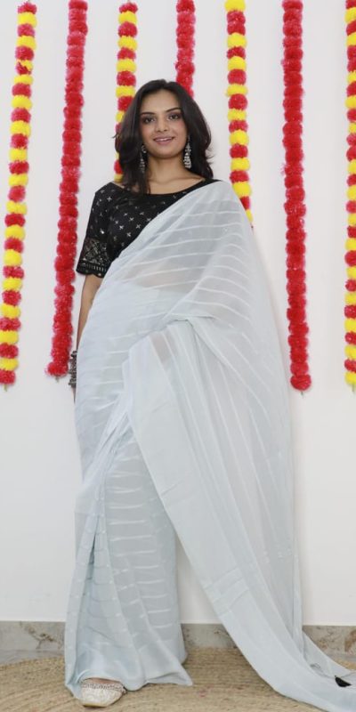 Majestic White Color Soft Chiffon Woven Satin Strips Saree