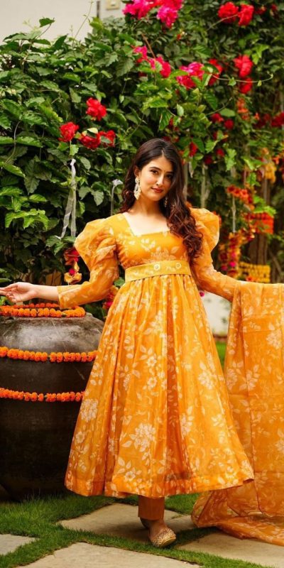 Mesmerizing Yellow Color Tabby Organza Work Sharara Suit