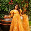 Mesmerizing Yellow Color Tabby Organza Work Sharara Suit