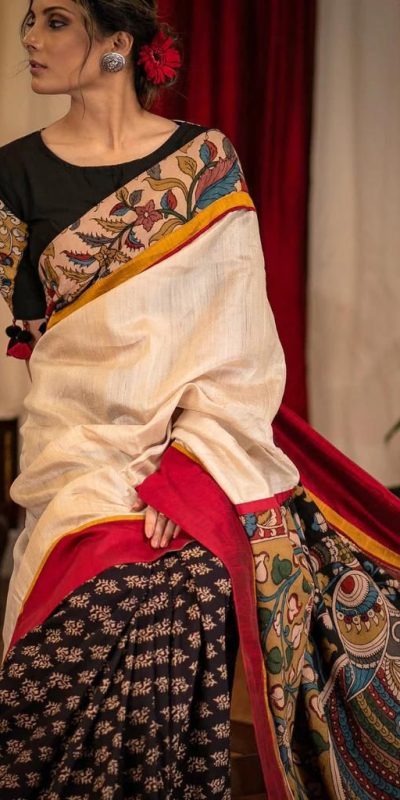 New Black And Cream Color Plain Linen Digital Printed Saree