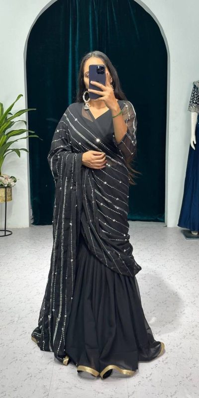 Nice Black Color Georgette Embroidery Moti Work Lehenga Saree