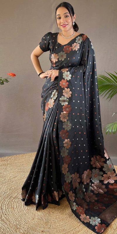 Nice Black Color Soft Lichi Silk Ordinary Design Rich Pallu Saree