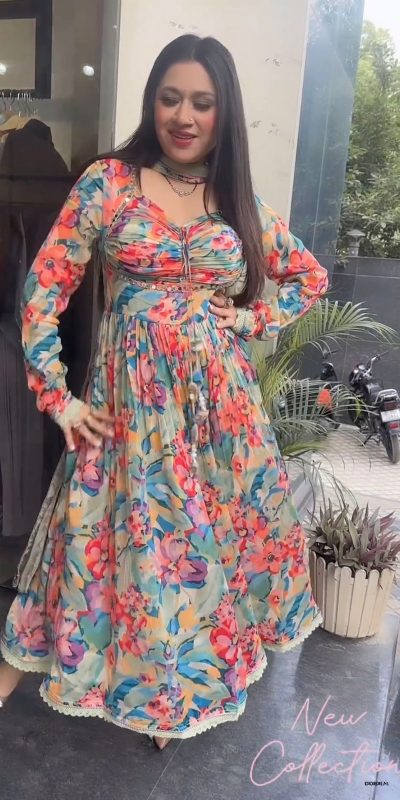 Nice Blue Color Chinon silk Digital Print real Mirror Work Kurti