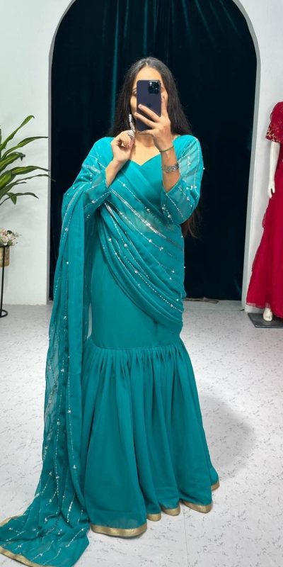 Nice Blue Color Georgette Embroidery Moti Work Lehenga Saree